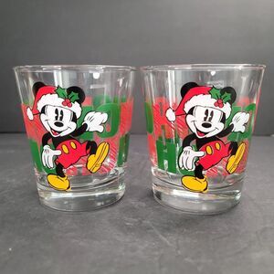 Vintage 1980s Anchor Hocking Mickey Mouse Christmas Rocks Glasses Set of 2